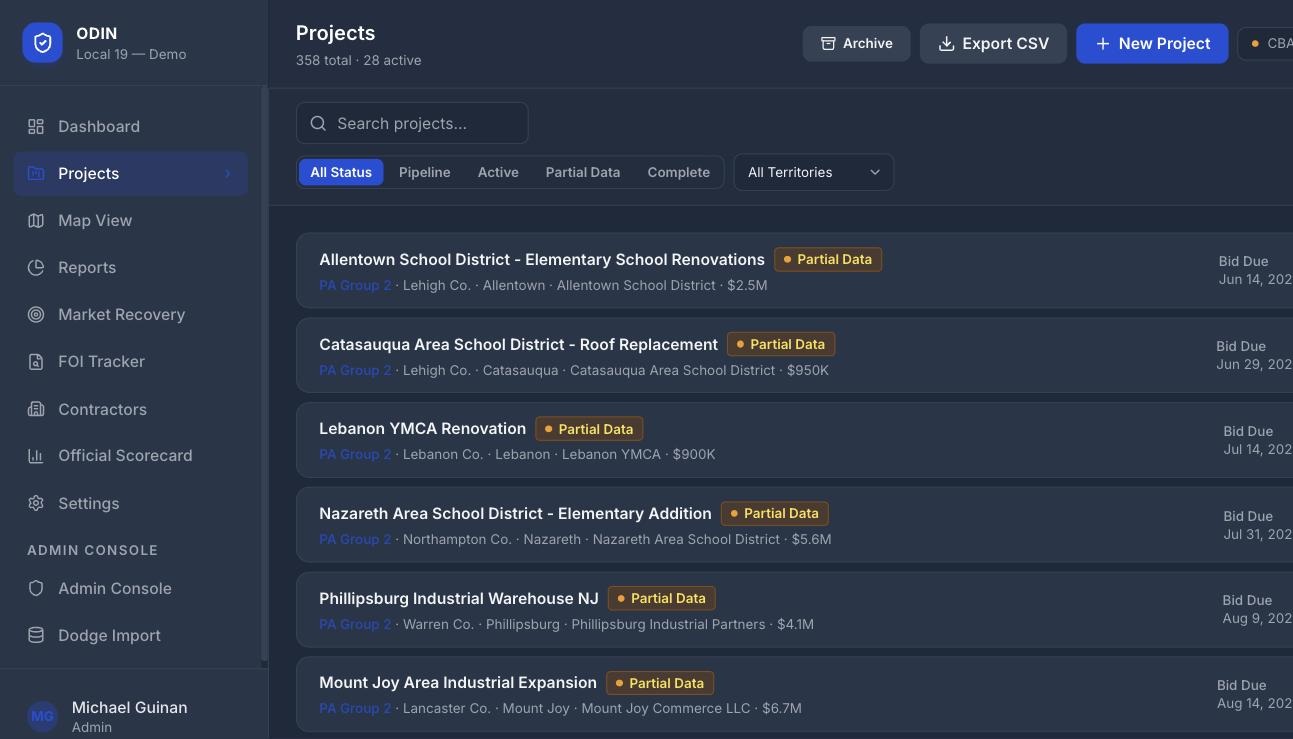 ODIN projects list showing tracked projects with status, county, owner and bid due date